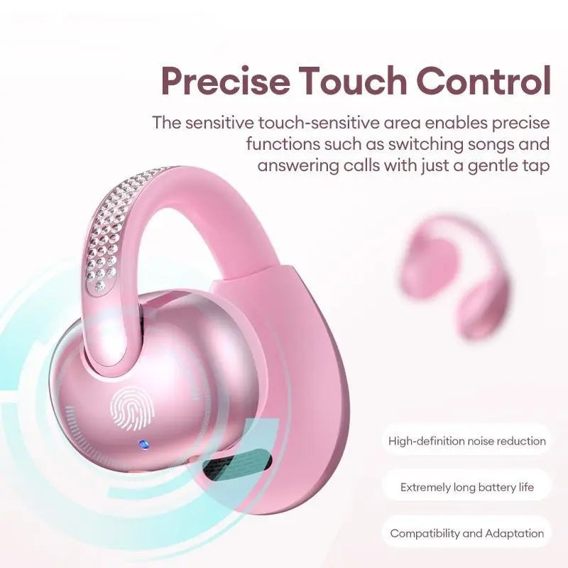 C05 Clip-On Wireless Headphones - Bluetooth 6.0 OWS Open-Ear Air Conduction Audio Electronic, Luxury Pink Diamond Jewelry Design, Lightweight Comfortable Fit, Mobile Compatible for Women, Gifts for Girly Girls