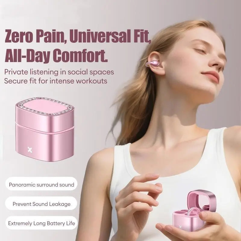 C05 Clip-On Wireless Headphones - Bluetooth 6.0 OWS Open-Ear Air Conduction Audio Electronic, Luxury Pink Diamond Jewelry Design, Lightweight Comfortable Fit, Mobile Compatible for Women, Gifts for Girly Girls
