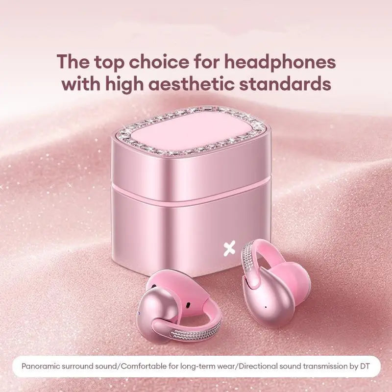 C05 Clip-On Wireless Headphones - Bluetooth 6.0 OWS Open-Ear Air Conduction Audio Electronic, Luxury Pink Diamond Jewelry Design, Lightweight Comfortable Fit, Mobile Compatible for Women, Gifts for Girly Girls
