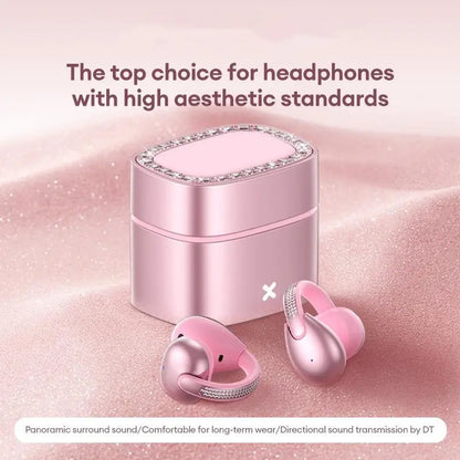 C05 Clip-On Wireless Headphones - Bluetooth 6.0 OWS Open-Ear Air Conduction Audio Electronic, Luxury Pink Diamond Jewelry Design, Lightweight Comfortable Fit, Mobile Compatible for Women, Gifts for Girly Girls