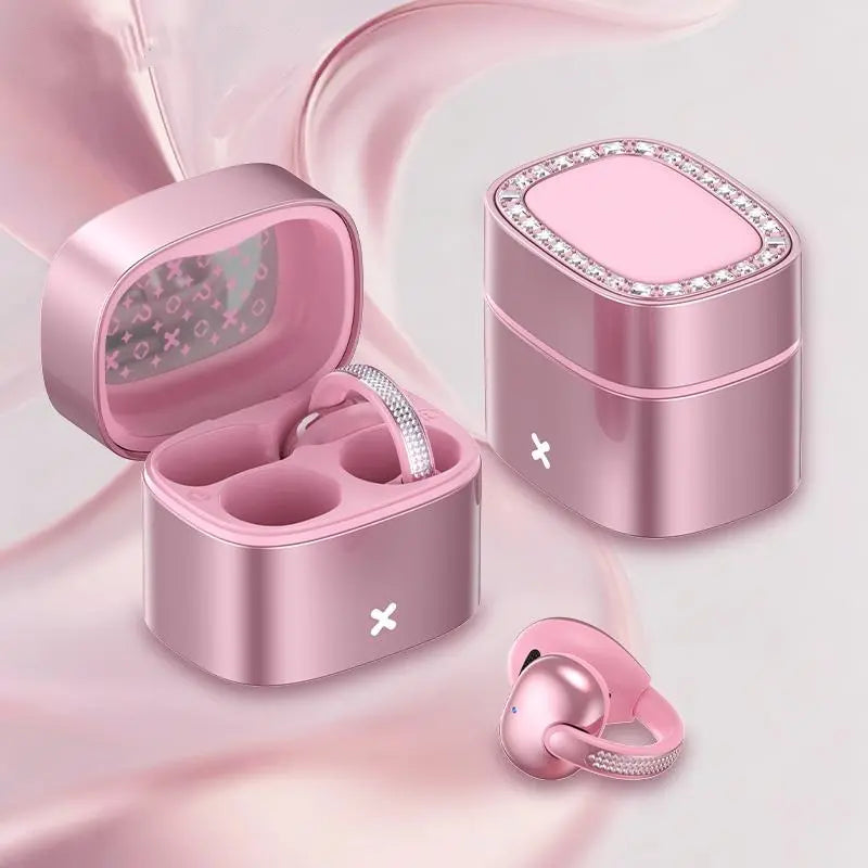 C05 Clip-On Wireless Headphones - Bluetooth 6.0 OWS Open-Ear Air Conduction Audio Electronic, Luxury Pink Diamond Jewelry Design, Lightweight Comfortable Fit, Mobile Compatible for Women, Gifts for Girly Girls